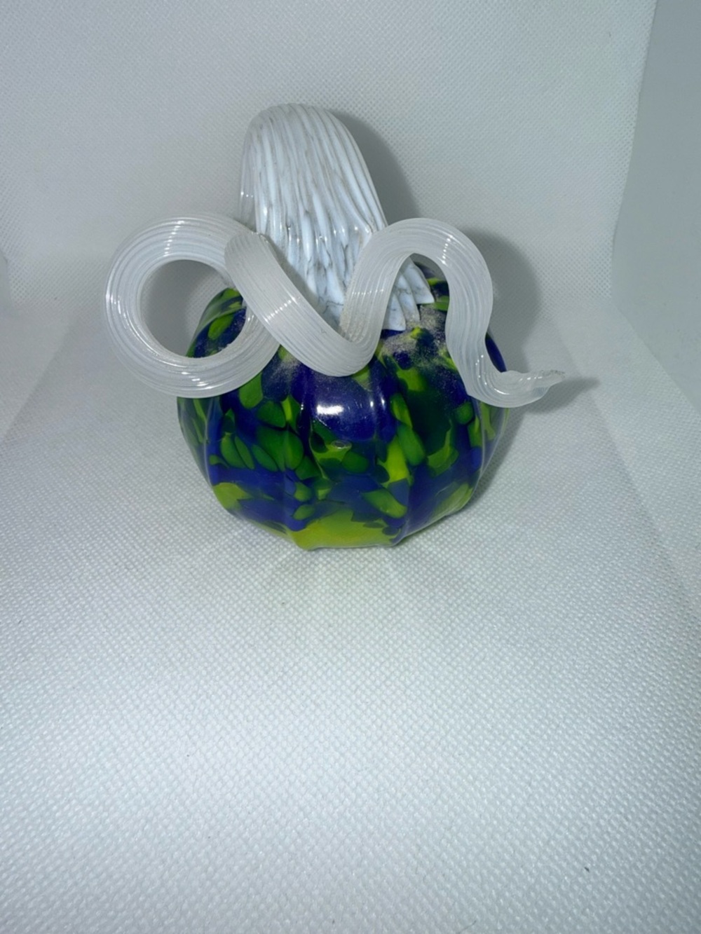 Handblown Glass Pumpkin Sculpture in Green and Blue with White Stem